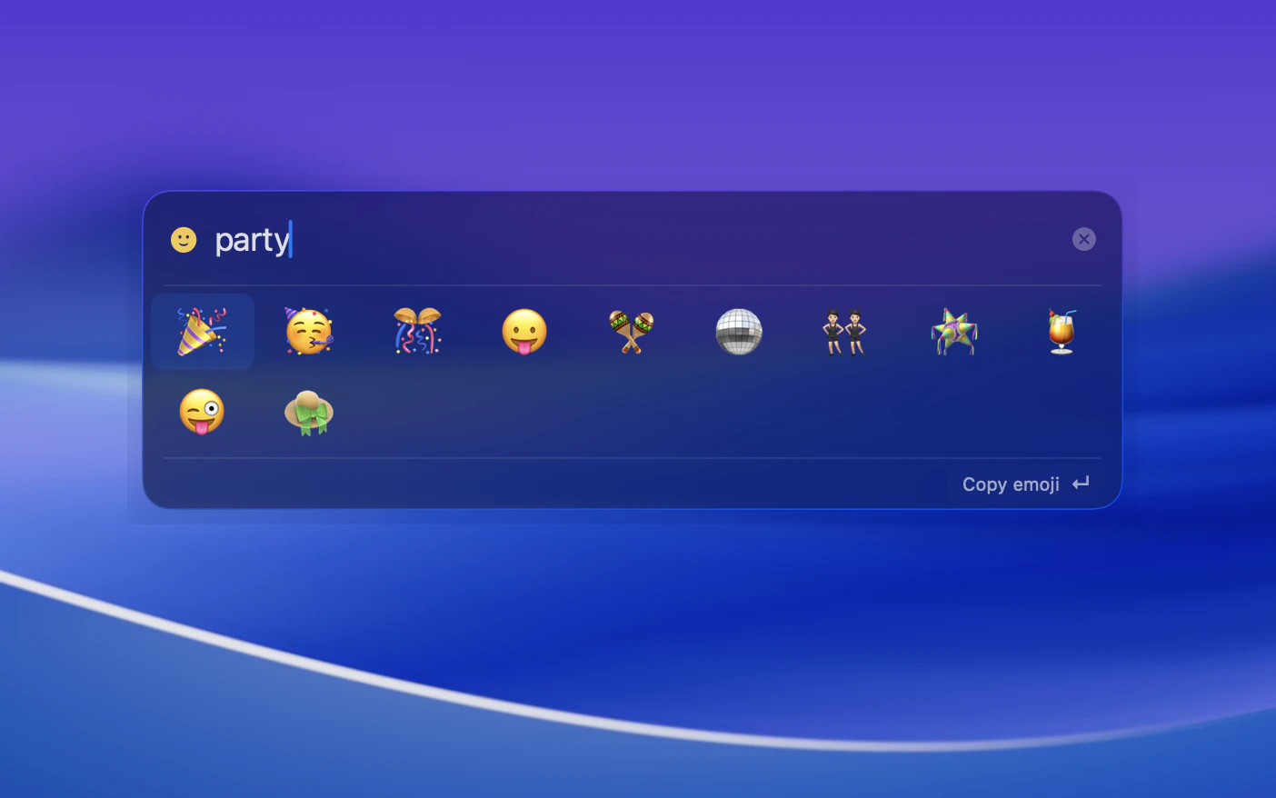 Conjuror Emoji mode showing results for “party”