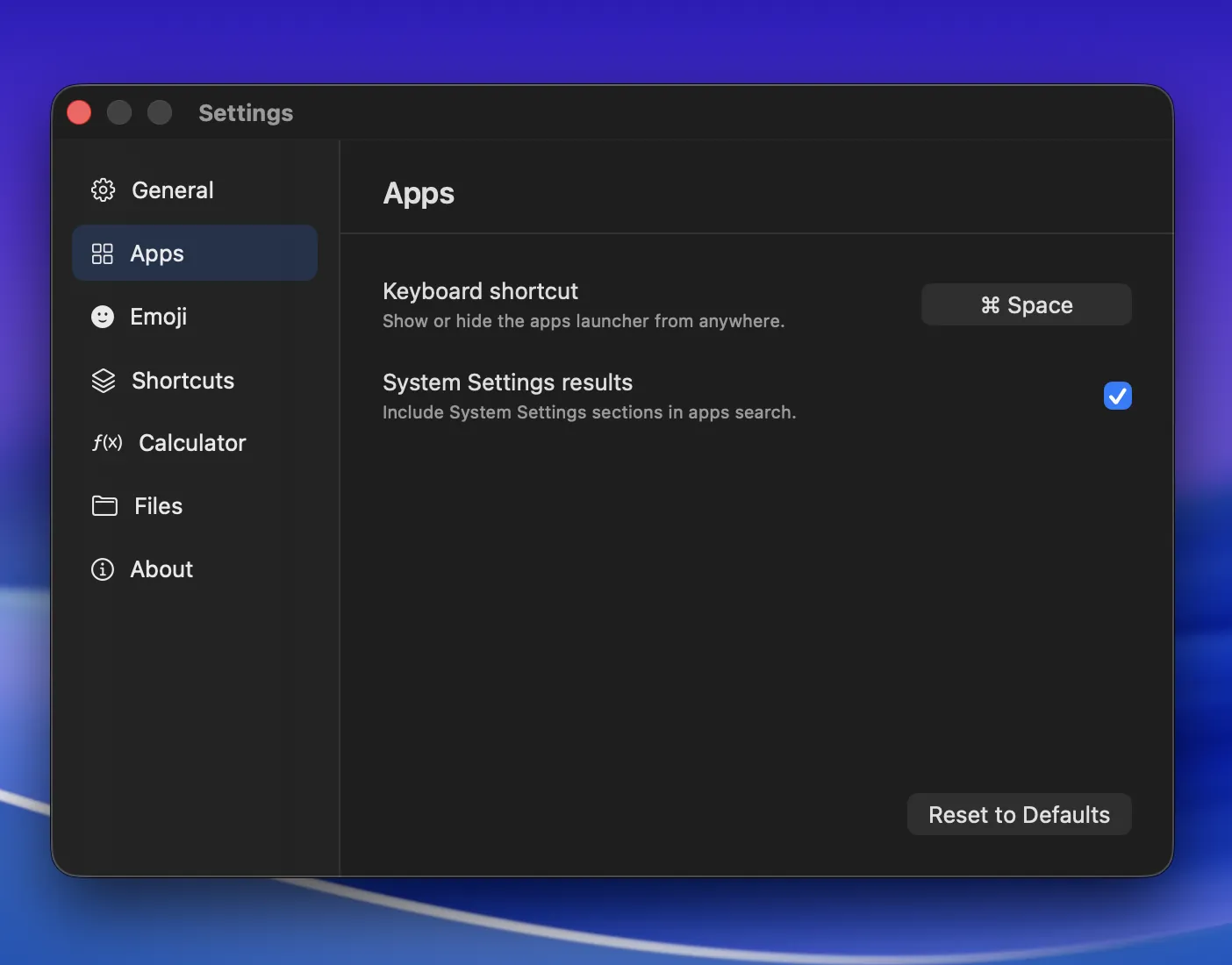 Conjuror Apps settings showing the main keyboard shortcut and enabled System Settings results