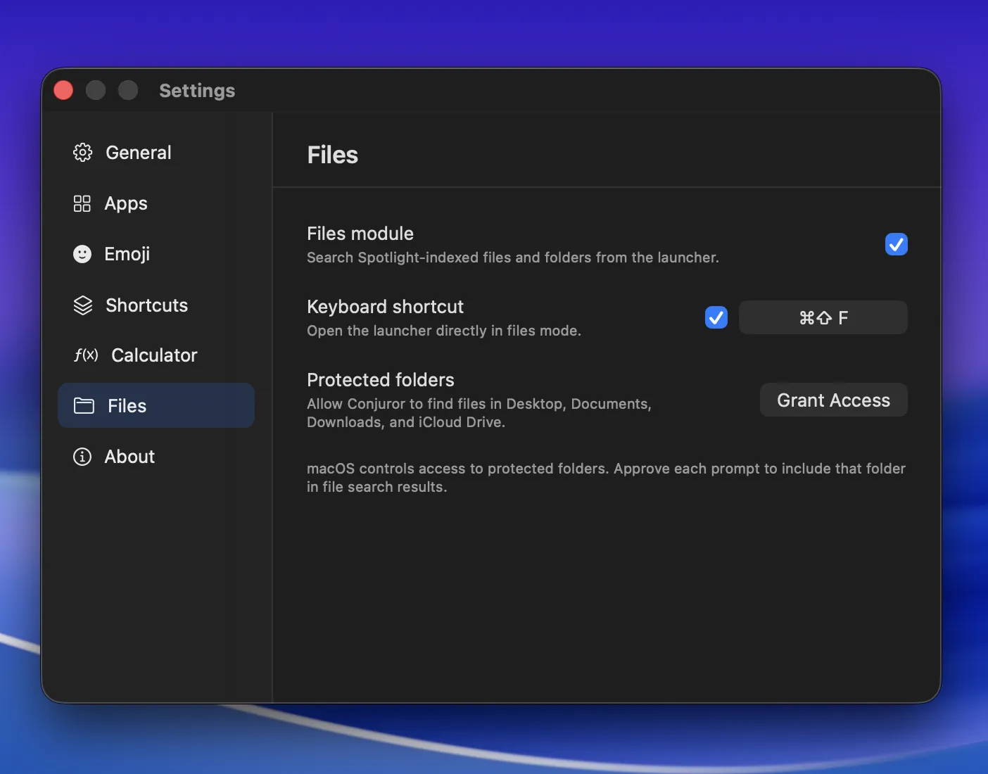 Conjuror Files settings showing the enabled Files module, direct shortcut, and protected-folder access including iCloud Drive