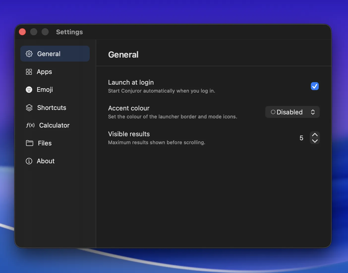 Conjuror General settings showing launch at login, accent colour, and visible results