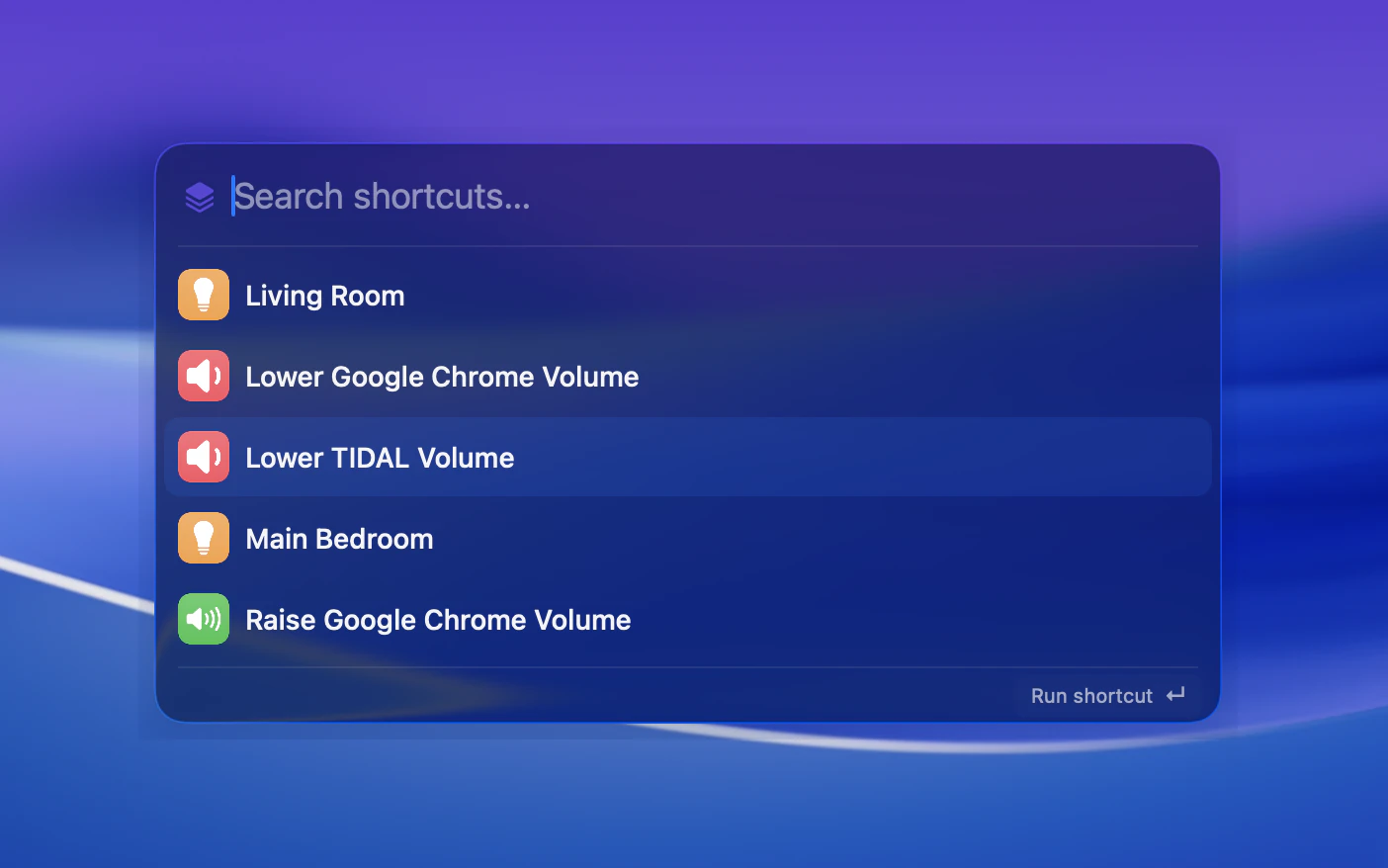 Conjuror showing available Apple Shortcuts